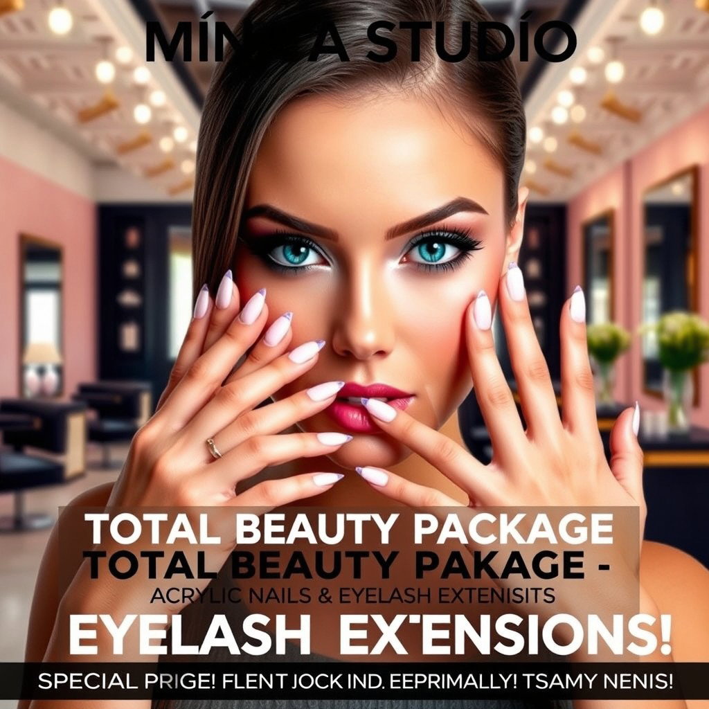 A vibrant and eye-catching advertisement for 'MÓNICA STUDIO', showcasing a stunning woman with a striking gaze and perfect hands, emphasizing beautiful acrylic nails and glamorous eyelash extensions