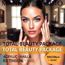 A vibrant and eye-catching advertisement for 'MÓNICA STUDIO', showcasing a stunning woman with a striking gaze and perfect hands, emphasizing beautiful acrylic nails and glamorous eyelash extensions