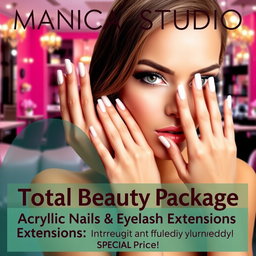 A vibrant and eye-catching advertisement for 'MÓNICA STUDIO', showcasing a stunning woman with a striking gaze and perfect hands, emphasizing beautiful acrylic nails and glamorous eyelash extensions