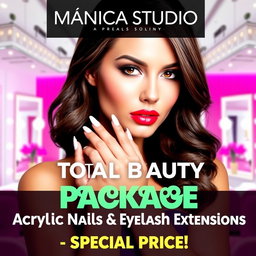 A vibrant and eye-catching advertisement for 'MÓNICA STUDIO', showcasing a stunning woman with a striking gaze and perfect hands, emphasizing beautiful acrylic nails and glamorous eyelash extensions