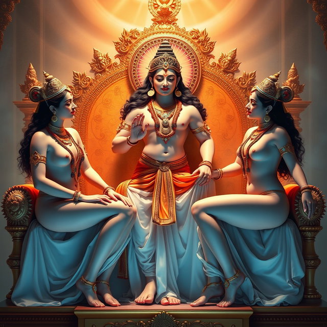 A captivating image featuring three beautiful, completely nude Hindu apsaras with radiant, glowing skin that shines with a divine milk-like luster