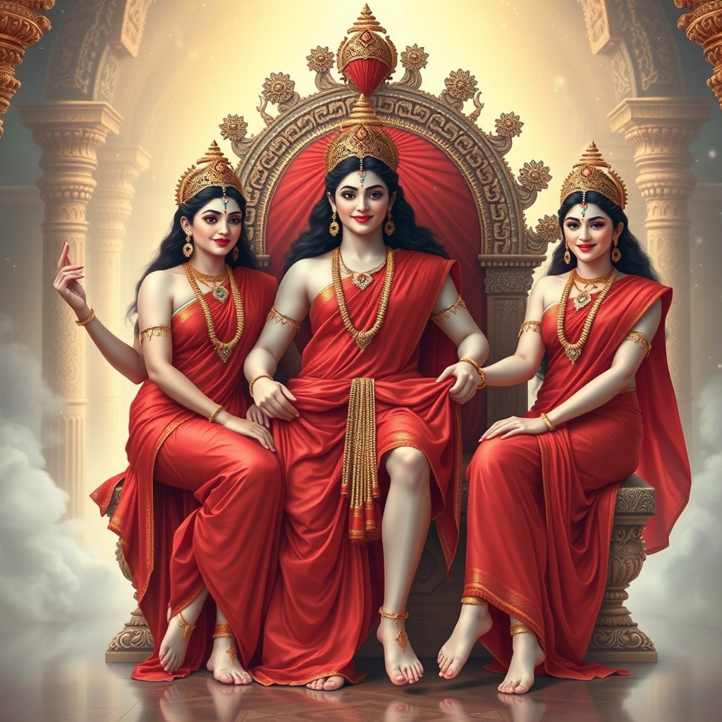 A stunning depiction of three beautiful Hindu Apsaras, each draped in flowing red sarees adorned with intricate jewelry, including elegant neckpieces and anklets (payals) on their feet