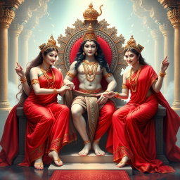 A stunning depiction of three beautiful Hindu Apsaras, each draped in flowing red sarees adorned with intricate jewelry, including elegant neckpieces and anklets (payals) on their feet