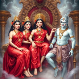 A stunning depiction of three beautiful Hindu Apsaras, each draped in flowing red sarees adorned with intricate jewelry, including elegant neckpieces and anklets (payals) on their feet