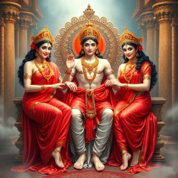 A stunning depiction of three beautiful Hindu Apsaras, each draped in flowing red sarees adorned with intricate jewelry, including elegant neckpieces and anklets (payals) on their feet
