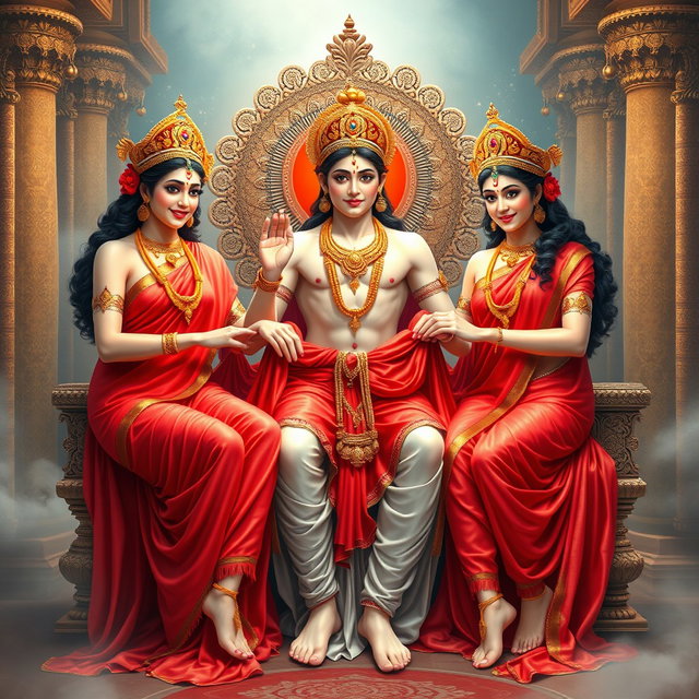 A stunning depiction of three beautiful Hindu Apsaras, each draped in flowing red sarees adorned with intricate jewelry, including elegant neckpieces and anklets (payals) on their feet