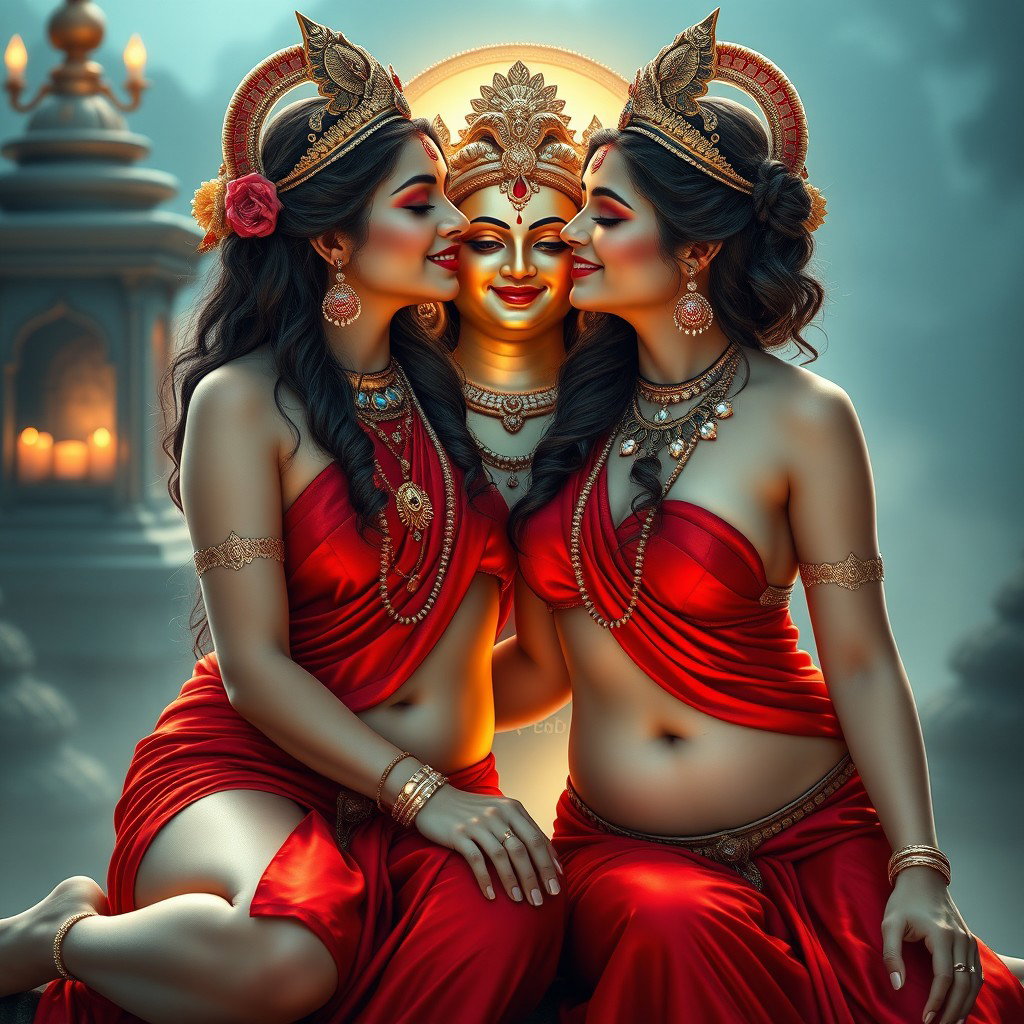 Two beautiful, divine Hindu goddesses with glowing, shining skin, adorned in elegant red sarees that beautifully highlight their figures