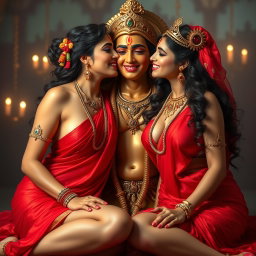 Two beautiful, divine Hindu goddesses with glowing, shining skin, adorned in elegant red sarees that beautifully highlight their figures