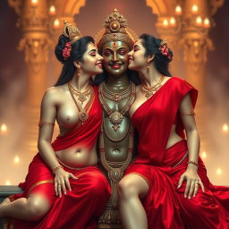 Two beautiful, divine Hindu goddesses with glowing, shining skin, adorned in elegant red sarees that beautifully highlight their figures