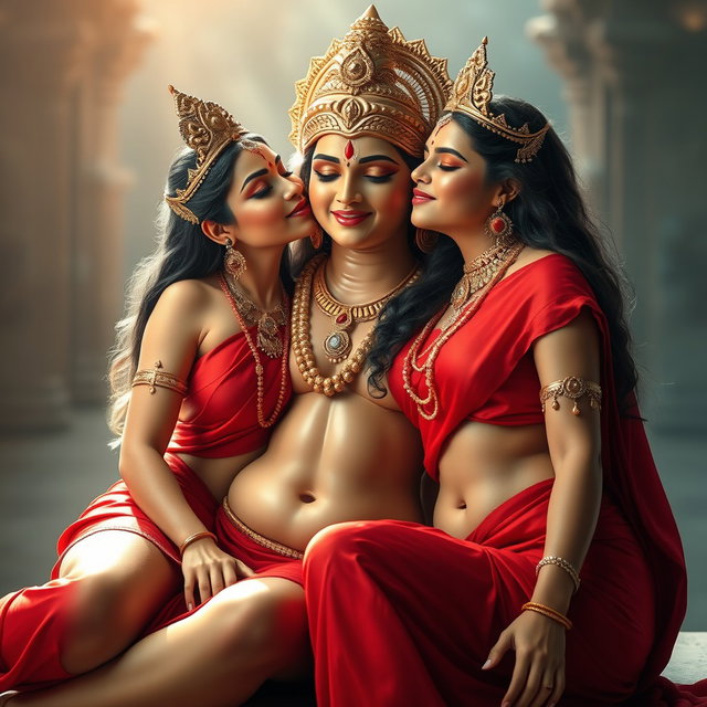Two beautiful, divine Hindu goddesses with glowing, shining skin, adorned in elegant red sarees that beautifully highlight their figures
