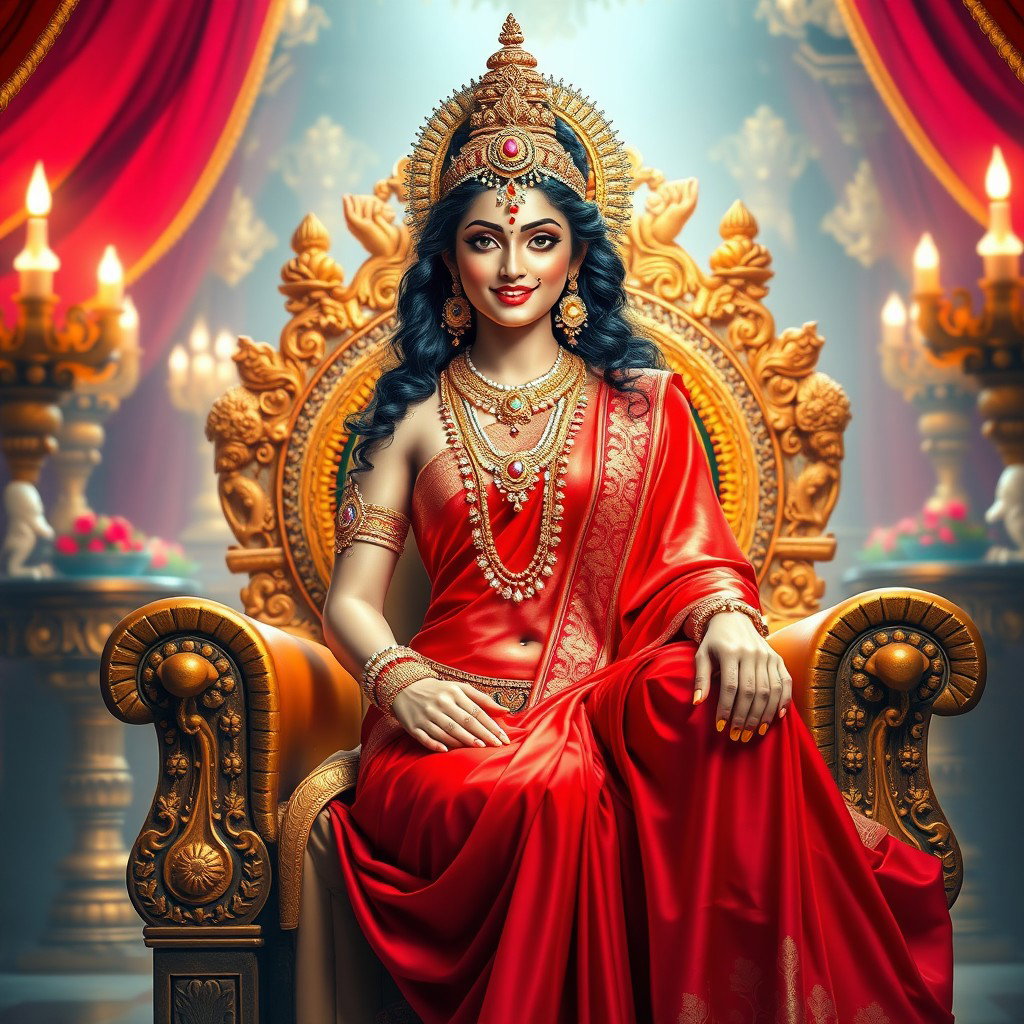A beautiful divine Hindu apsara with glowing, shining skin, elegantly dressed in a vibrant red saree adorned with exquisite jewelry around her neck and anklets (payal) on her feet