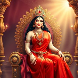A beautiful divine Hindu apsara with glowing, shining skin, elegantly dressed in a vibrant red saree adorned with exquisite jewelry around her neck and anklets (payal) on her feet