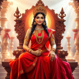 A beautiful divine Hindu apsara with glowing, shining skin, elegantly dressed in a vibrant red saree adorned with exquisite jewelry around her neck and anklets (payal) on her feet