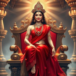 A beautiful divine Hindu apsara with glowing, shining skin, elegantly dressed in a vibrant red saree adorned with exquisite jewelry around her neck and anklets (payal) on her feet
