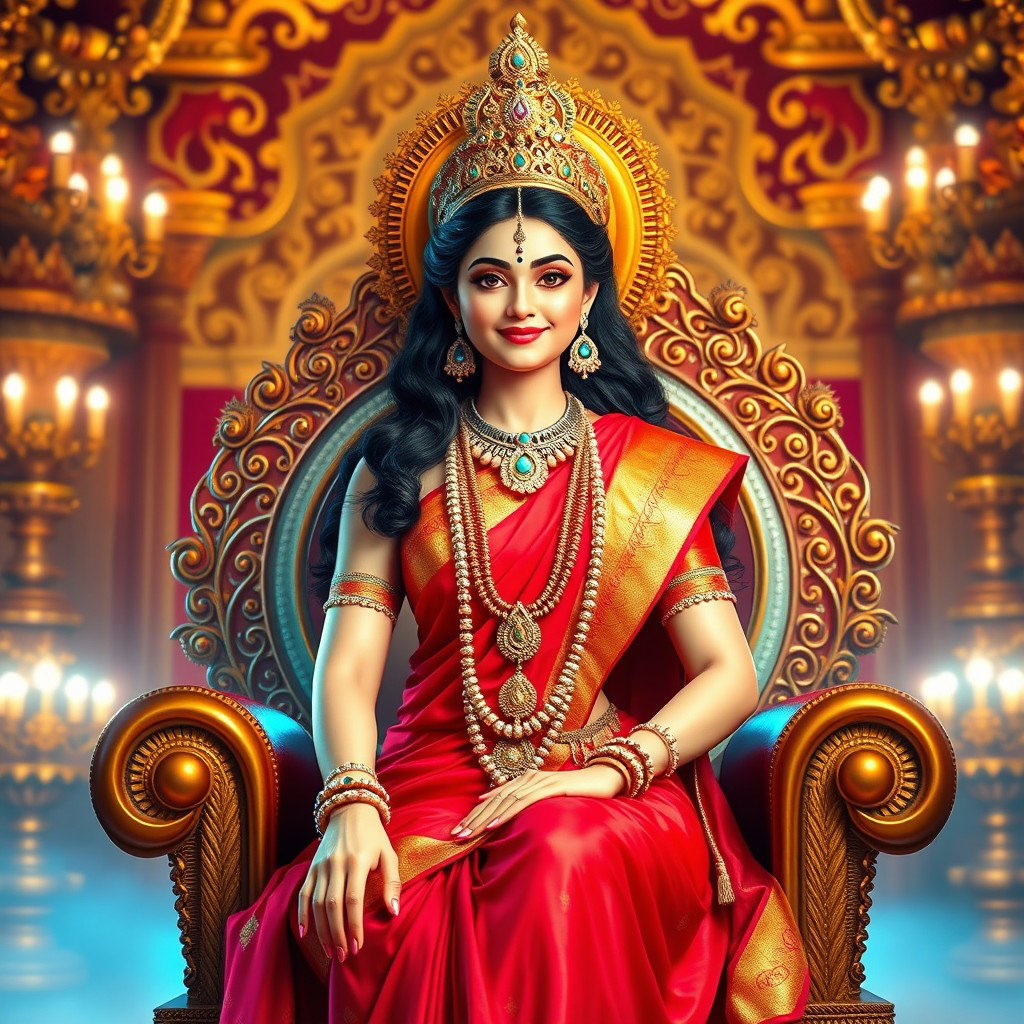 A beautiful divine Hindu goddess with glowing, shining skin, elegantly dressed in a vibrant red saree, adorned with exquisite jewelry around her neck and delicate anklets (payal) on her feet
