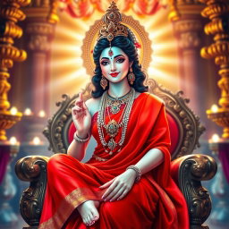 A beautiful divine Hindu goddess with glowing, shining skin, elegantly dressed in a vibrant red saree, adorned with exquisite jewelry around her neck and delicate anklets (payal) on her feet