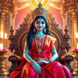 A beautiful divine Hindu goddess with glowing, shining skin, elegantly dressed in a vibrant red saree, adorned with exquisite jewelry around her neck and delicate anklets (payal) on her feet