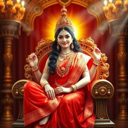 A beautiful divine Hindu goddess with glowing, shining skin, elegantly dressed in a vibrant red saree, adorned with exquisite jewelry around her neck and delicate anklets (payal) on her feet