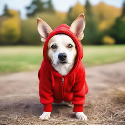 A playful dog wearing a cozy red hoodie