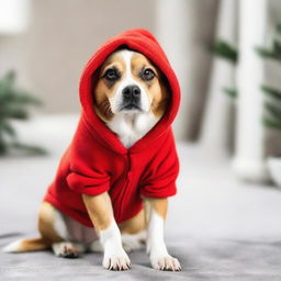 A playful dog wearing a cozy red hoodie