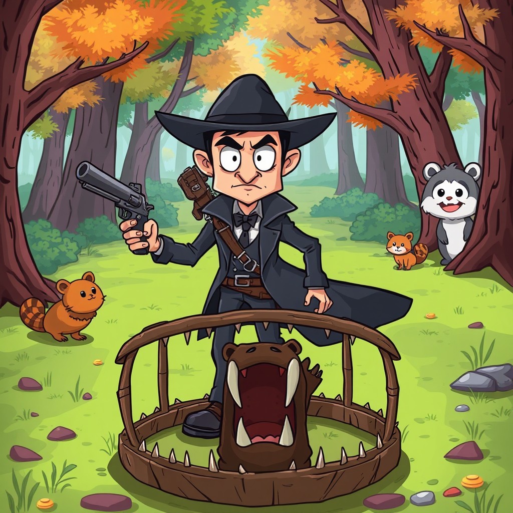 A cartoon depiction of an assassin walking confidently without looking ahead, holding a pistol in one hand