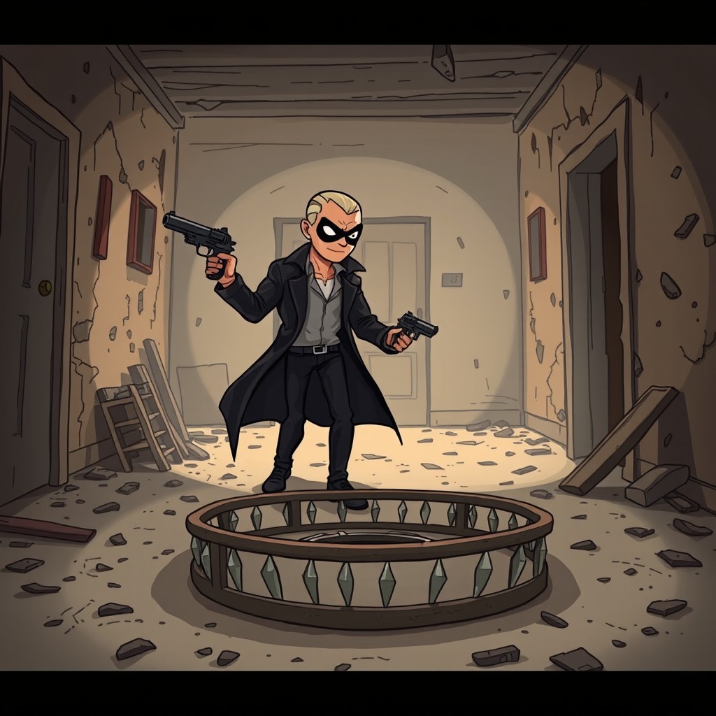 A cartoon assassin confidently walking through an abandoned house, holding a pistol with a nonchalant demeanor, not looking ahead