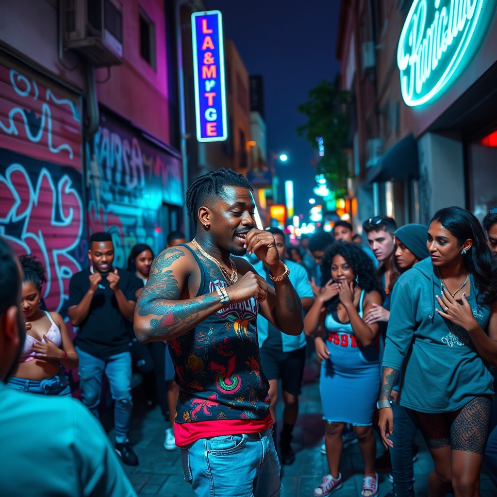 A brightly colored urban street scene featuring a lively street performer playing trap music