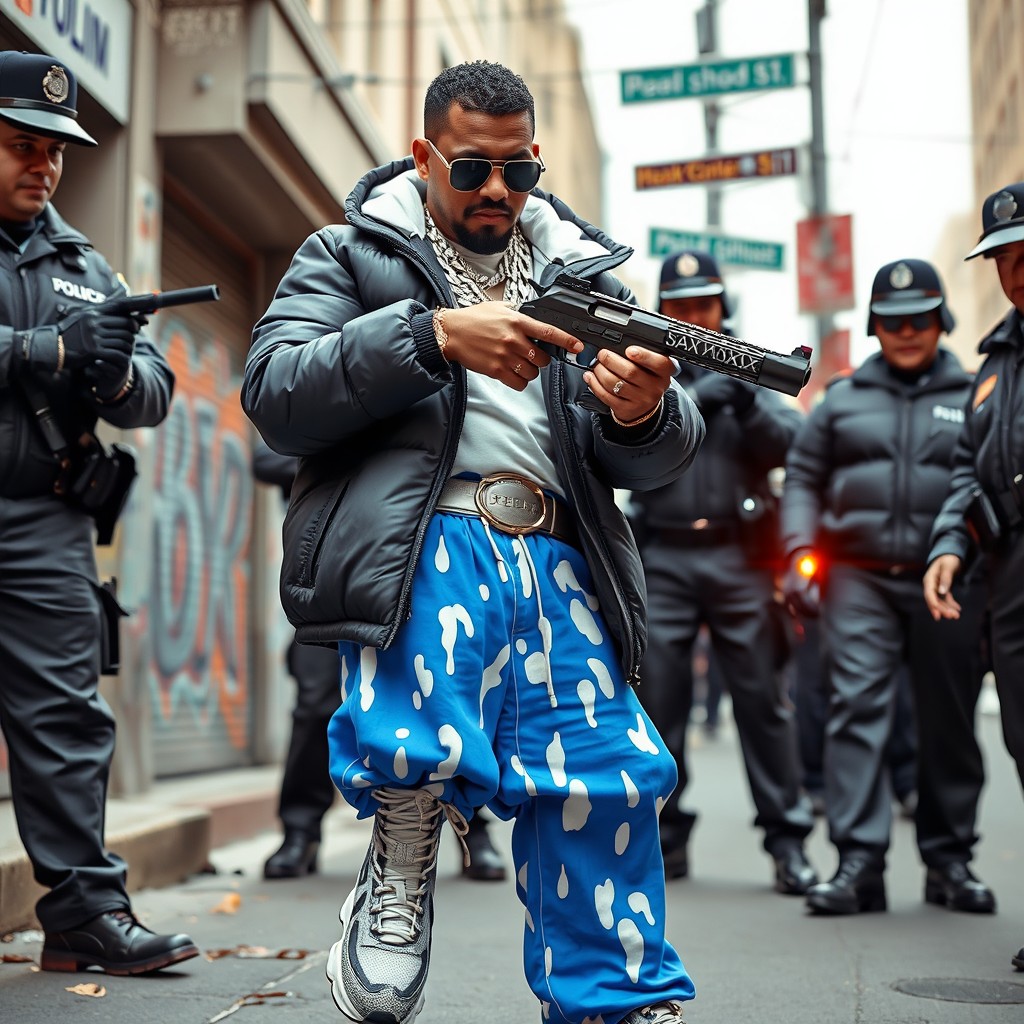 A gangsta rapper of Indian descent, wearing a stylish puffer jacket and an extravagant platinum chain adorned with diamonds