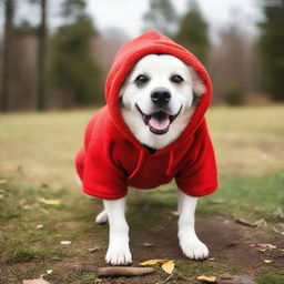 A playful dog wearing a cozy red hoodie