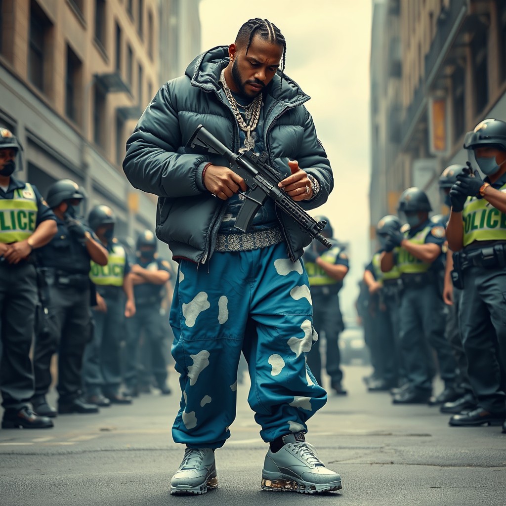 A gangsta rapper in an urban street setting, wearing a stylish puffer jacket and a large platinum chain adorned with diamonds