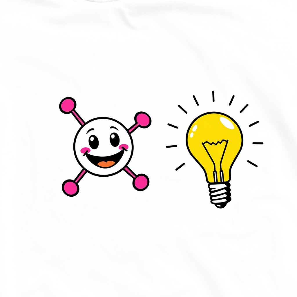 A white t-shirt design featuring a cheerful serotonin molecule with a smiley face, vibrant colors, and cute characteristics, along with a separate black and white illustration of a classic electric light bulb