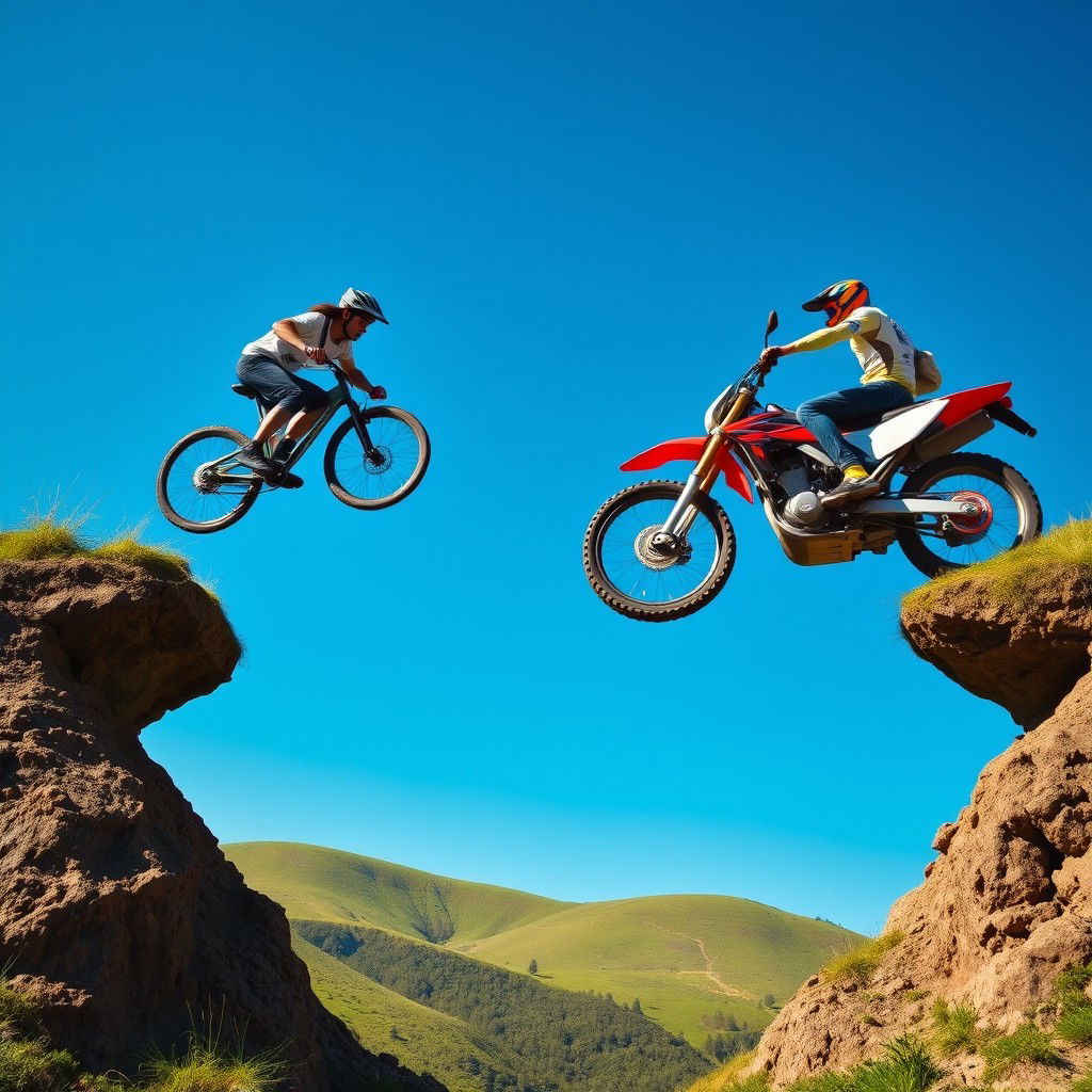 A thrilling action scene depicting a realistic man on a bicycle and another man on a motorbike, both leaping over two hills that are situated across from each other