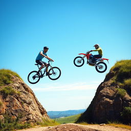 A thrilling action scene depicting a realistic man on a bicycle and another man on a motorbike, both leaping over two hills that are situated across from each other