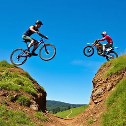 A thrilling action scene depicting a realistic man on a bicycle and another man on a motorbike, both leaping over two hills that are situated across from each other