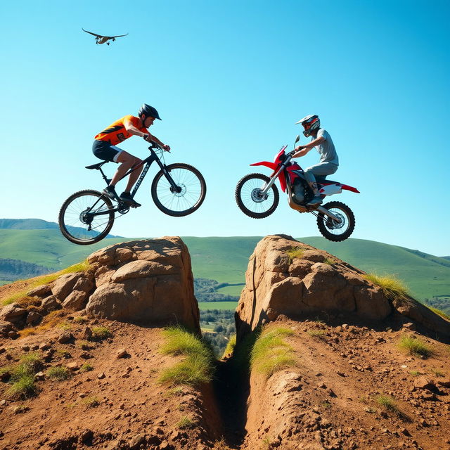 A thrilling action scene depicting a realistic man on a bicycle and another man on a motorbike, both leaping over two hills that are situated across from each other