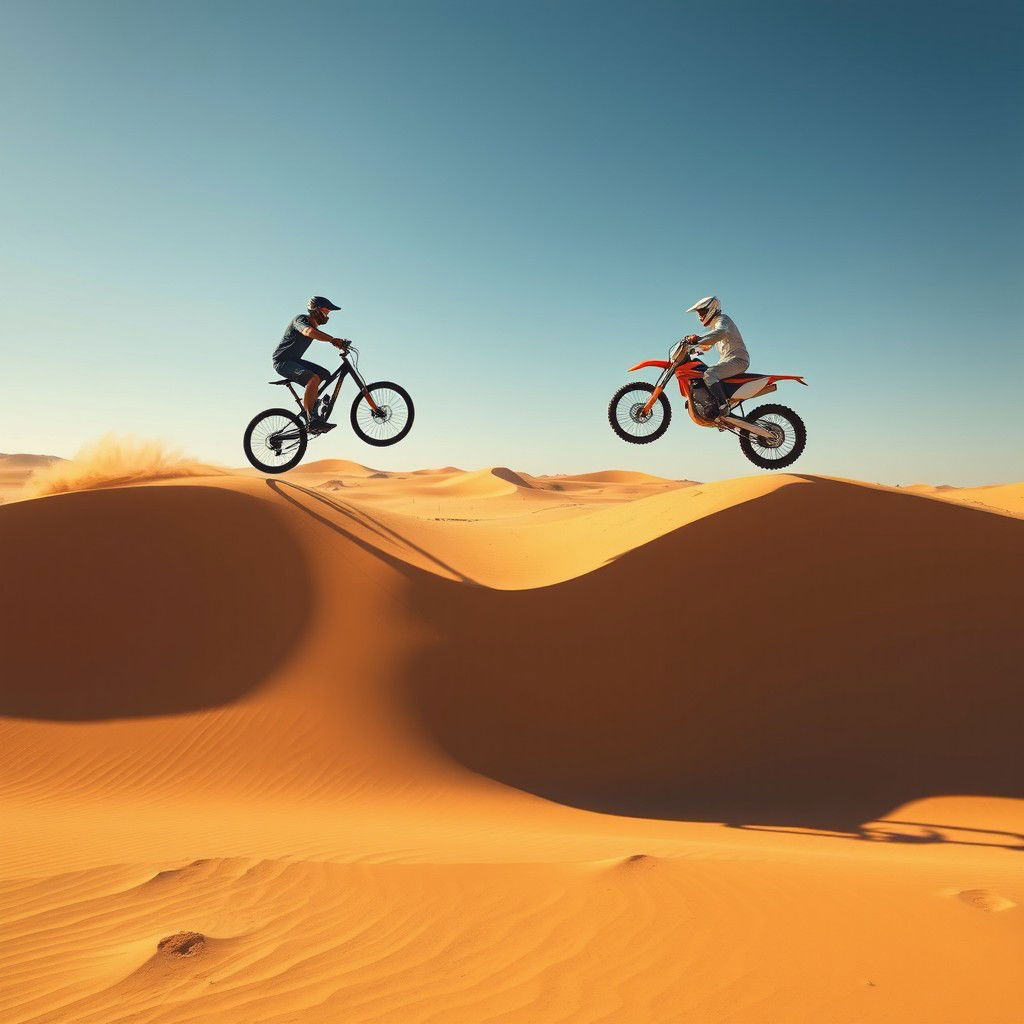 An exhilarating action scene set in a vast desert landscape, featuring a realistic man on a bicycle and another man on a motorbike leaping over two hills that are across from each other