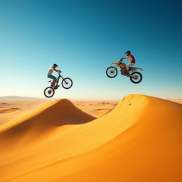 An exhilarating action scene set in a vast desert landscape, featuring a realistic man on a bicycle and another man on a motorbike leaping over two hills that are across from each other