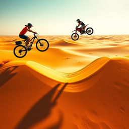 An exhilarating action scene set in a vast desert landscape, featuring a realistic man on a bicycle and another man on a motorbike leaping over two hills that are across from each other