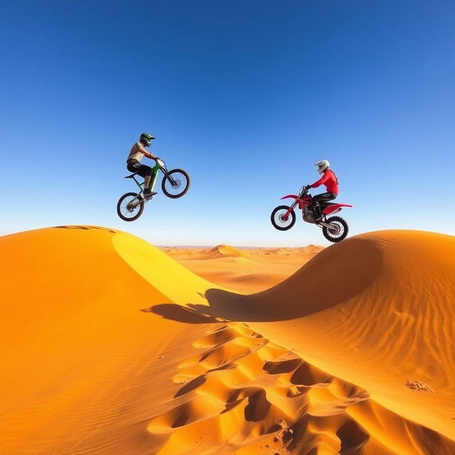 An exhilarating action scene set in a vast desert landscape, featuring a realistic man on a bicycle and another man on a motorbike leaping over two hills that are across from each other