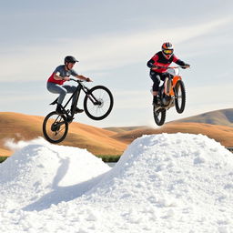 An exciting action scene featuring a realistic man on a bicycle and another man on a motorbike leaping over two hills that are covered in foam