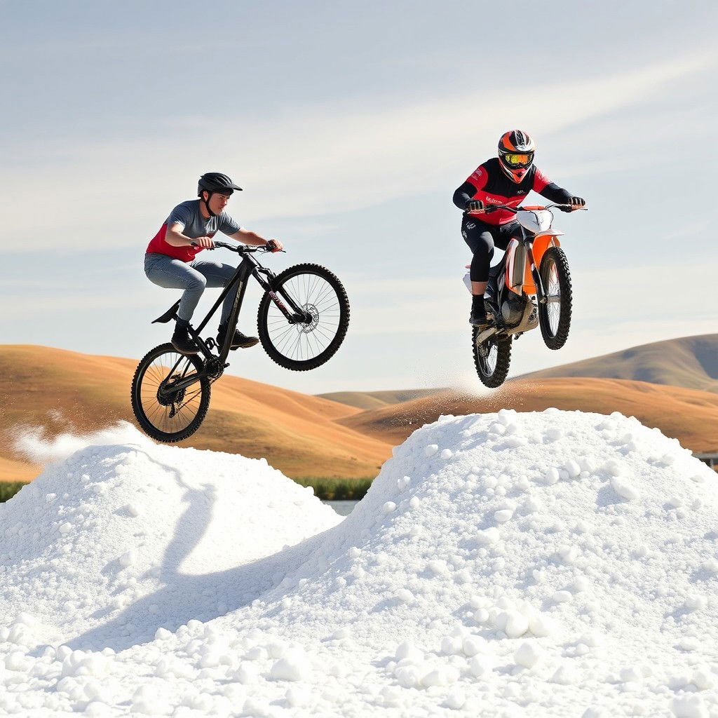 An exciting action scene featuring a realistic man on a bicycle and another man on a motorbike leaping over two hills that are covered in foam