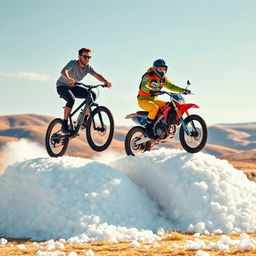 An exciting action scene featuring a realistic man on a bicycle and another man on a motorbike leaping over two hills that are covered in foam
