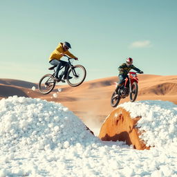 An exciting action scene featuring a realistic man on a bicycle and another man on a motorbike leaping over two hills that are covered in foam