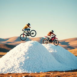 An exciting action scene featuring a realistic man on a bicycle and another man on a motorbike leaping over two hills that are covered in foam