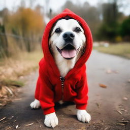 A playful dog wearing a cozy red hoodie