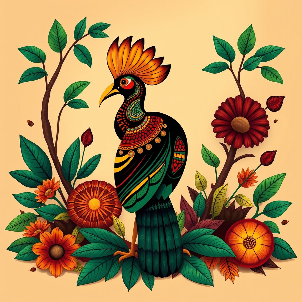A beautifully stylized Sankofa bird, depicted in vibrant colors and intricate tribal patterns