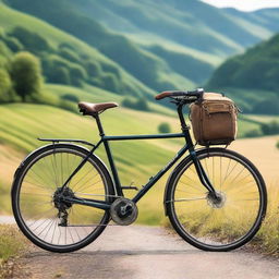 A high-quality detailed touring bicycle with sturdy frame, suspension fork, comfortable seat, and panniers mounted on a rear rack, standing on a scenic countryside road.