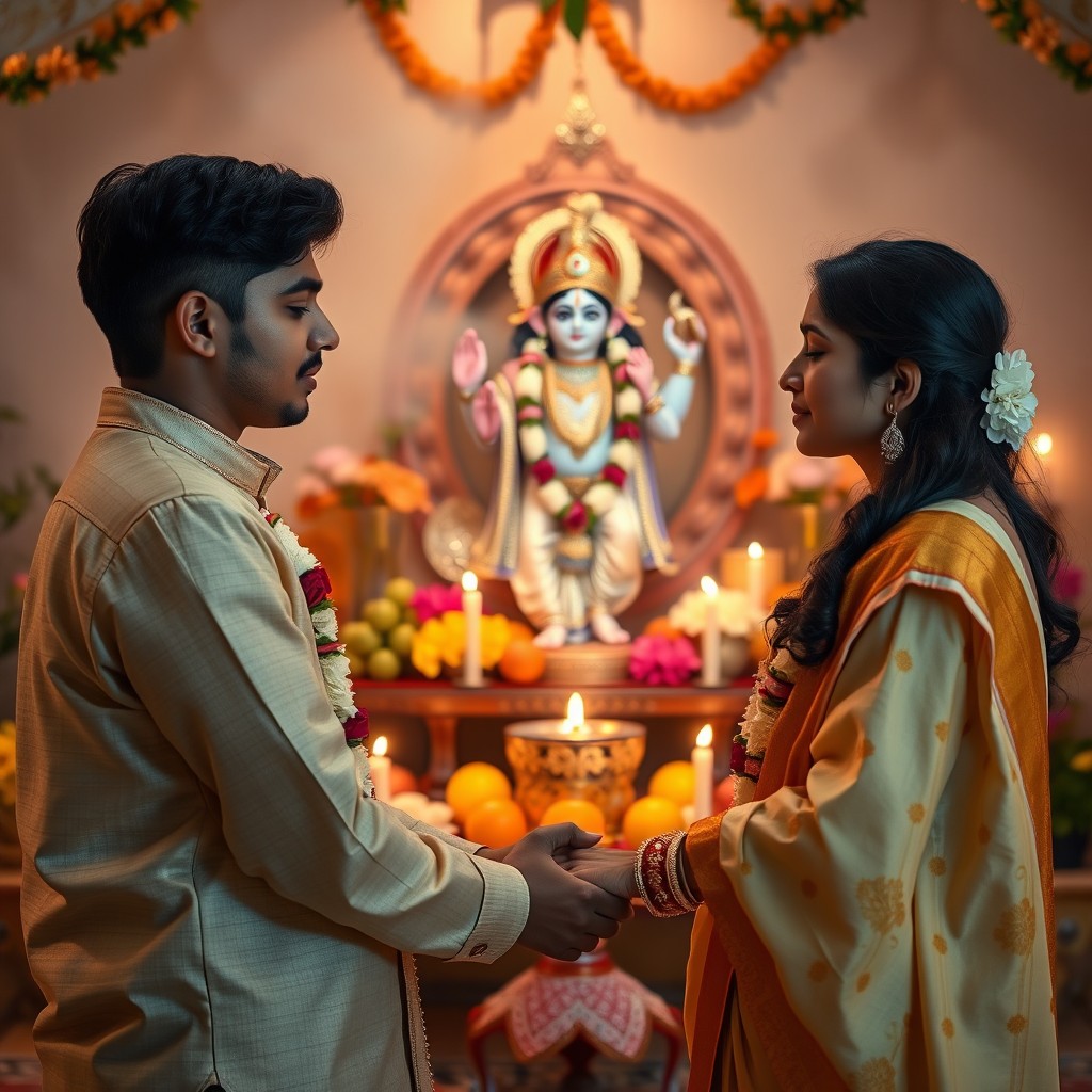 A serene scene depicting a young Indian couple engaged in a heartfelt prayer to Lord Krishna