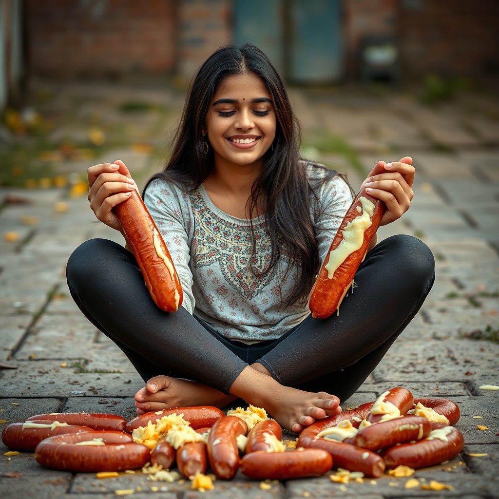 A hot Pakistani girl, 18 years old, sitting criss-cross on the ground, smiling with her eyes closed, radiating joy