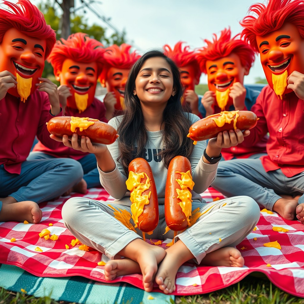 A vibrant and quirky scene featuring an 18-year-old Pakistani girl sitting crisscross on a picnic blanket, her eyes gently closed while smiling blissfully
